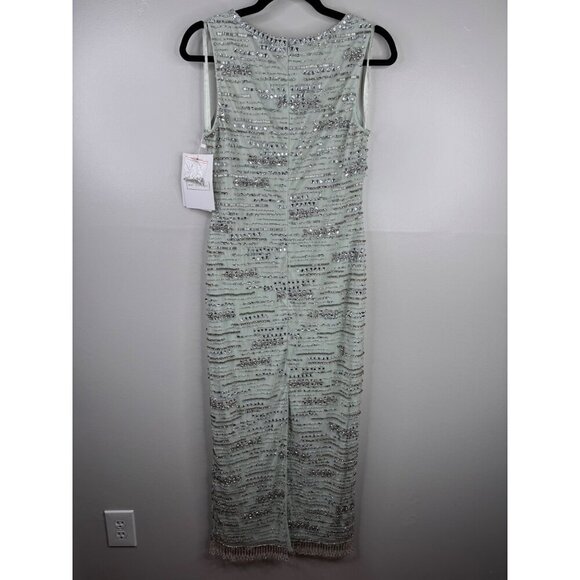 NWT Mac Duggal  Crystal & Beaded Fringe Midi Dress Sage Green Sz 6 Beaded Fringe - Picture 8 of 8